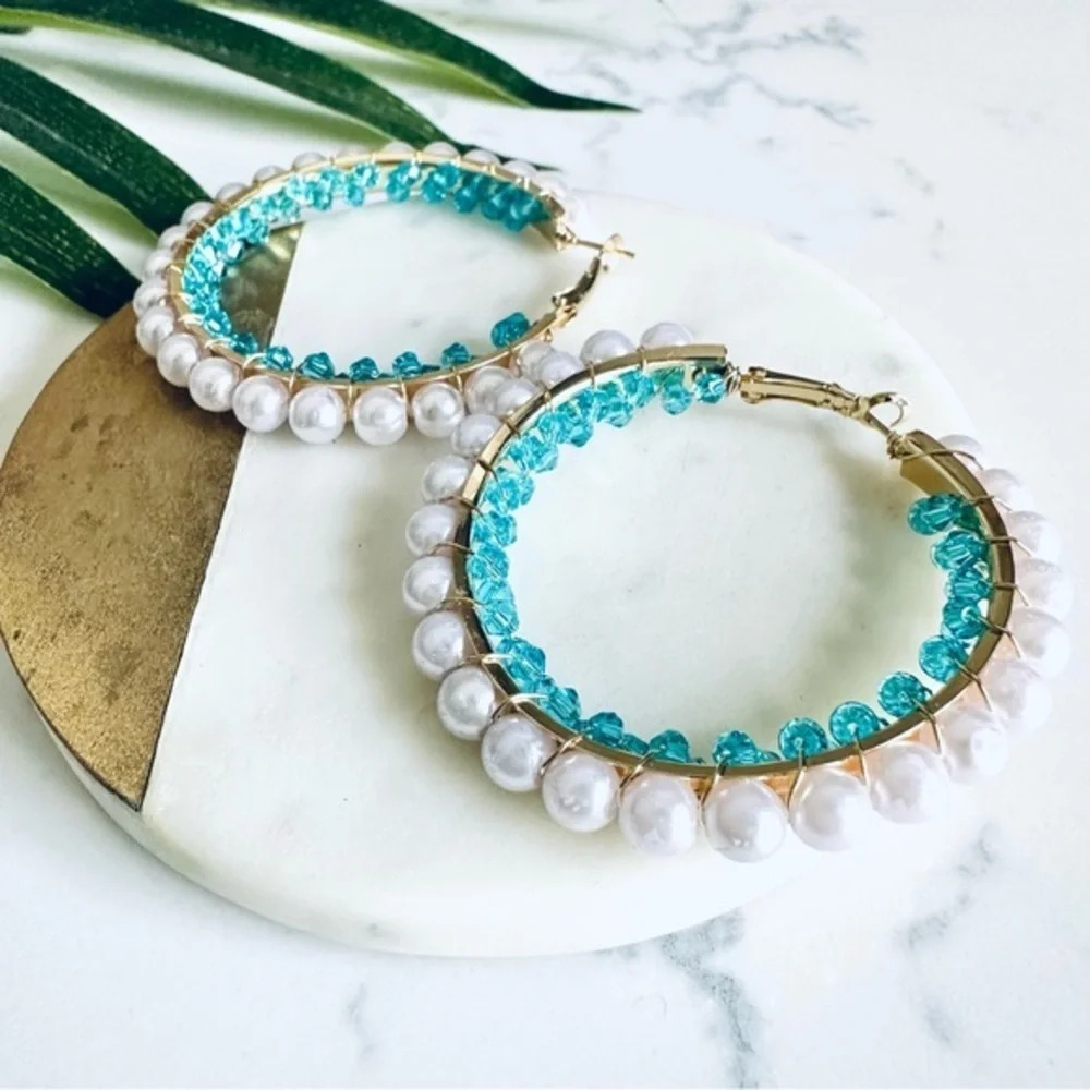 2/$30🌵 Faux Pearl & Blue Beads Gold Tone Hoop Earrings Boho Bohemian Jewelry - Picture 3 of 8
